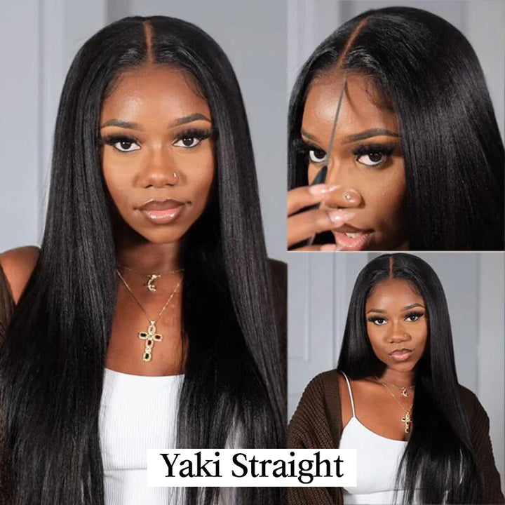 Glueless 13x6 Kinky Straight Lace Closure Wig Silky Press Yaki Straight Pre Bleached Human Hair Wig