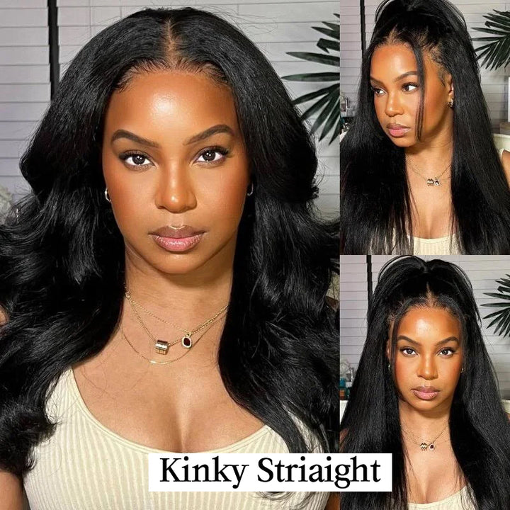 Glueless 13x6 Kinky Straight Lace Closure Wig Silky Press Yaki Straight Pre Bleached Human Hair Wig