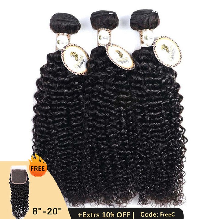 Clearance | 10A Curly Wave Bundles Deal 100% Human Hair, Free 5x5 Lace Closure