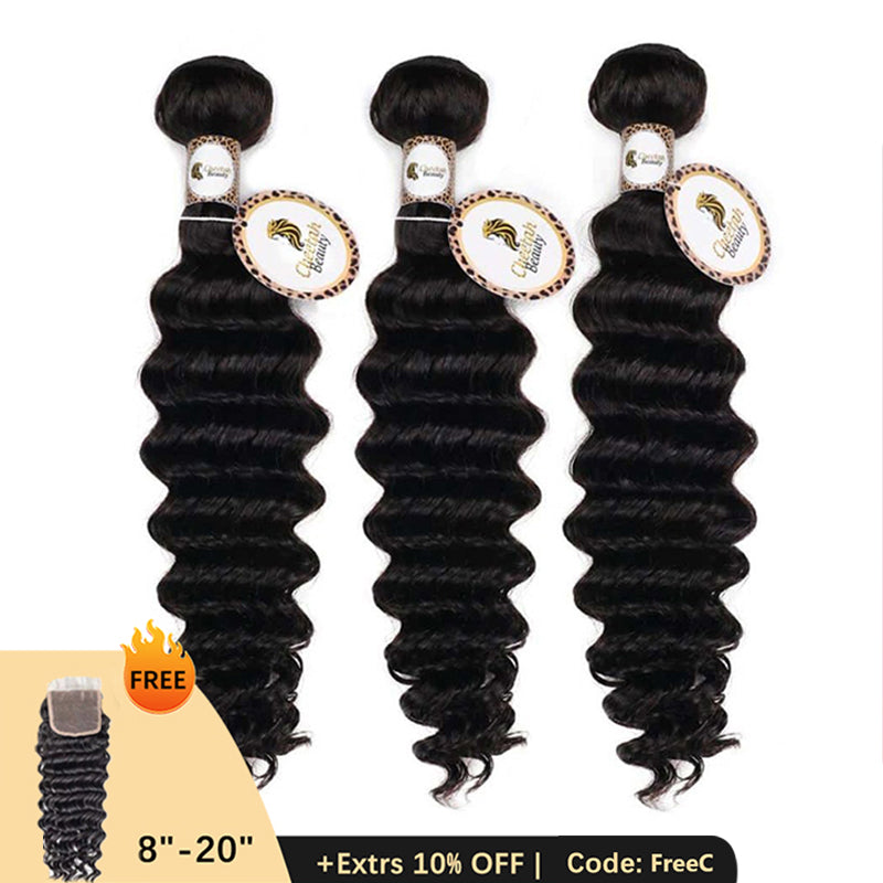 Clearance | 10A Deep Wave Bundles Deal 100% Virgin Human Hair, Free 5x5 Lace Closure