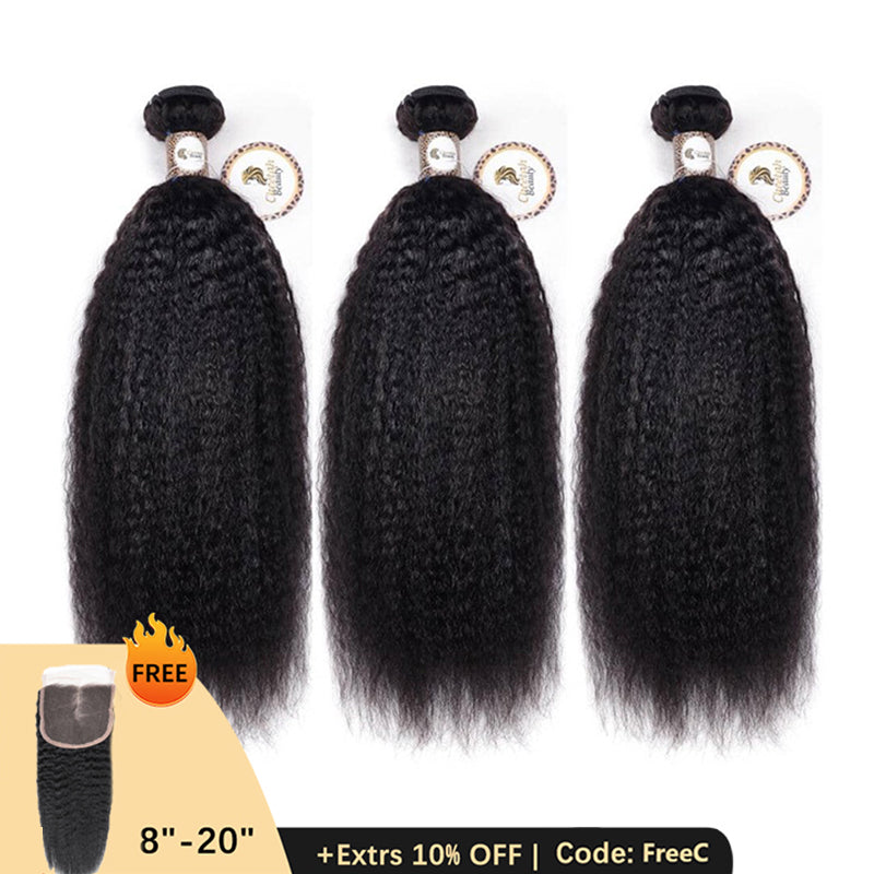 Clearance | 10A Kinky Straight Bundles Deal 100% Human Hair, Free 5x5 Lace Closure