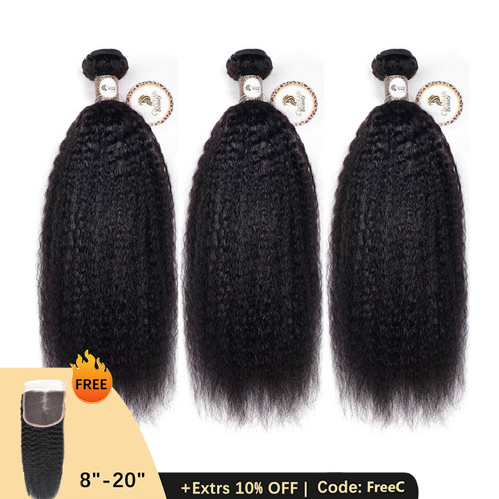 Clearance | 10A Kinky Straight Bundles Deal 100% Human Hair, Free 5x5 Lace Closure