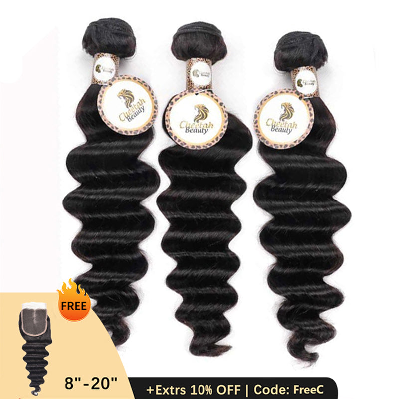 Clearance | 10A Loose Deep Bundles Deal 100% Human Hair with Free 5x5 Lace Closure
