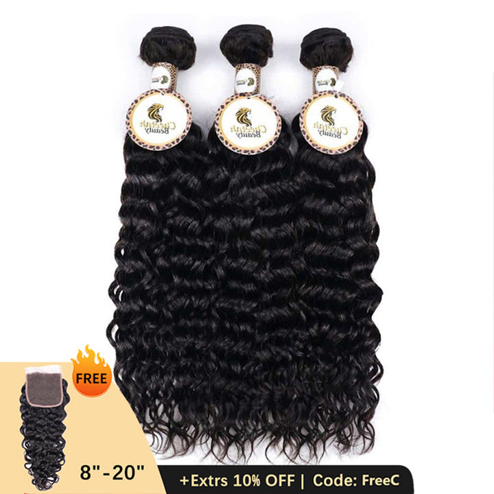 Clearance | 10A Water Wave Bundles Deal 100% Human Hair, Free 5x5 Lace Closure