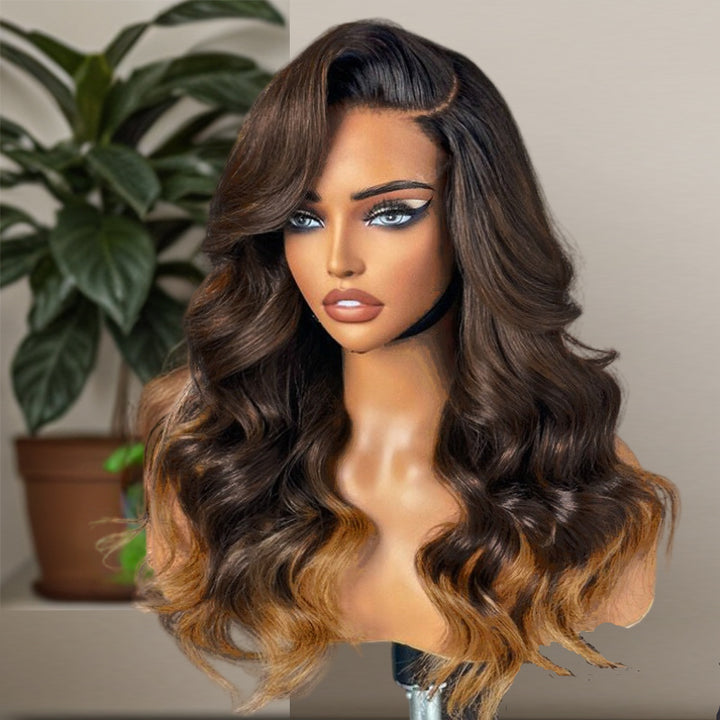 Vente flash | Perruque Loose Body Wave châtain foncé avec mèches châtain clair 13x6, densité 180 %