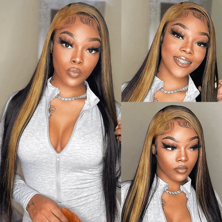 Perruque blonde miel à rayures Skunk, cheveux lisses, 13x4, dentelle transparente HD, 100 % cheveux humains vierges