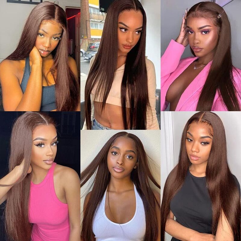 250% Density Chocolate Brown Straight / Body Wave 13x6 Full Lace Fontal Wig Straight Human Hair Colored Wigs
