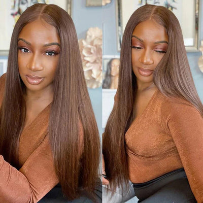 250% Density Chocolate Brown Straight / Body Wave 13x6 Full Lace Fontal Wig Straight Human Hair Colored Wigs