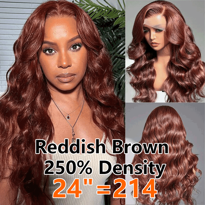 Perruques ondulées en dentelle intégrale brun rougeâtre, densité 250 %, cheveux humains pré-colorés, 13x6