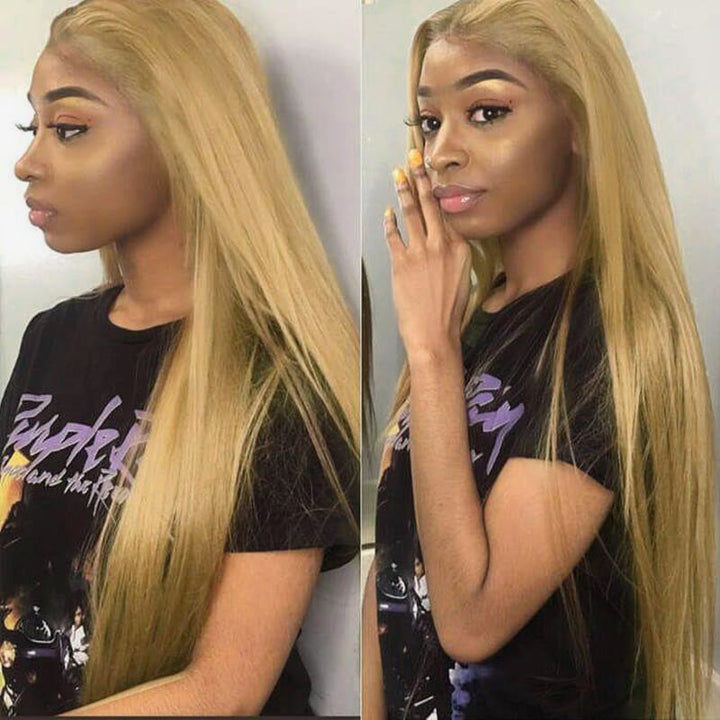 #27 Honey Blonde Straight Pre-pluckd Body Wave Transparent Lace Human Wig With Baby Hair