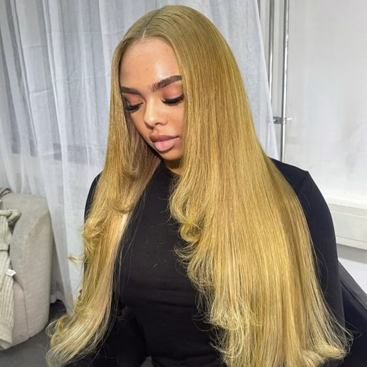 #27 Honey Blonde Straight Pre-pluckd Body Wave Transparent Lace Human Wig With Baby Hair