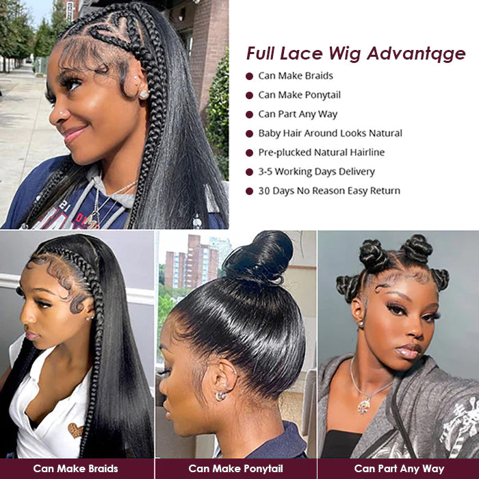 Full Lace Wig 180% Density Straight HD Transparent 100% Virgin Human Hair