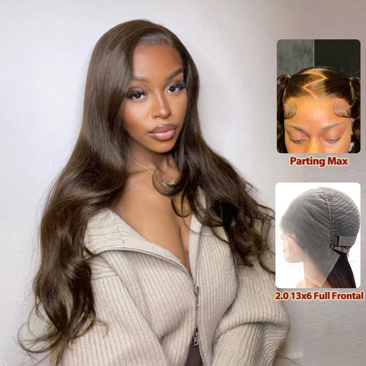 Soldes | Perruque frontale en dentelle intégrale Body Wave brun foncé 13x6, 40 à 86 cm, cheveux humains, sans ordonnance