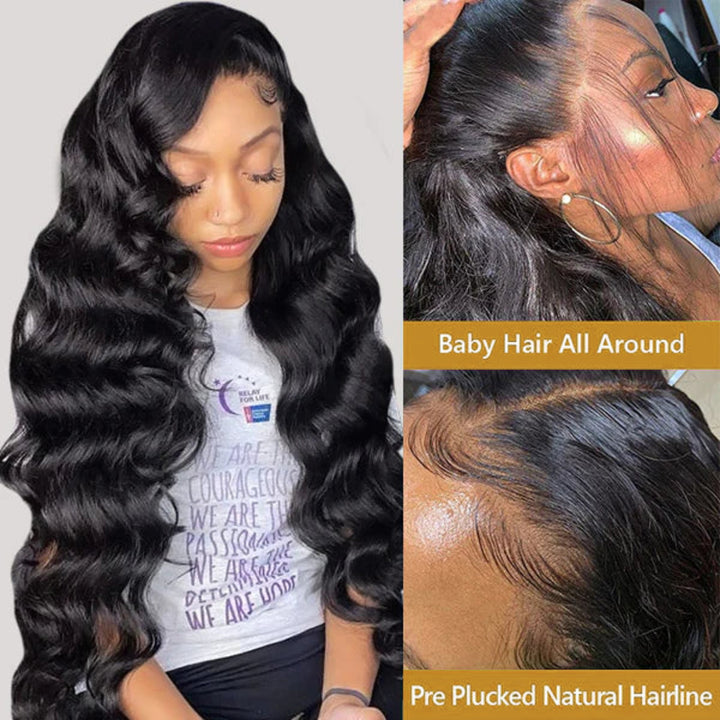 Perruque frontale en dentelle transparente HD Body Wave 13x6, cheveux humains pré-épilés
