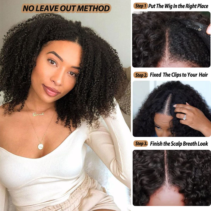 Perruque bouclée crépue 4A/4B avec raie en V, sans perte, 100 % cheveux humains