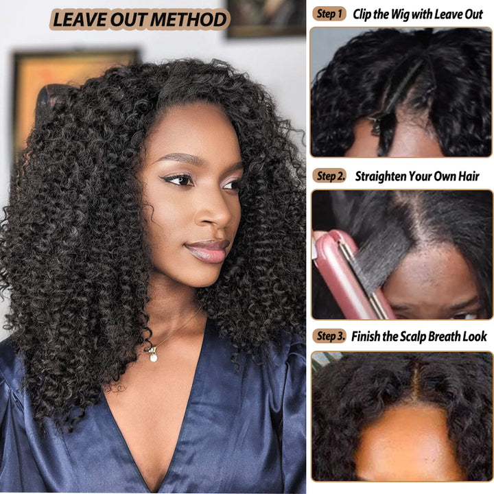 Perruque bouclée crépue 4A/4B avec raie en V, sans perte, 100 % cheveux humains