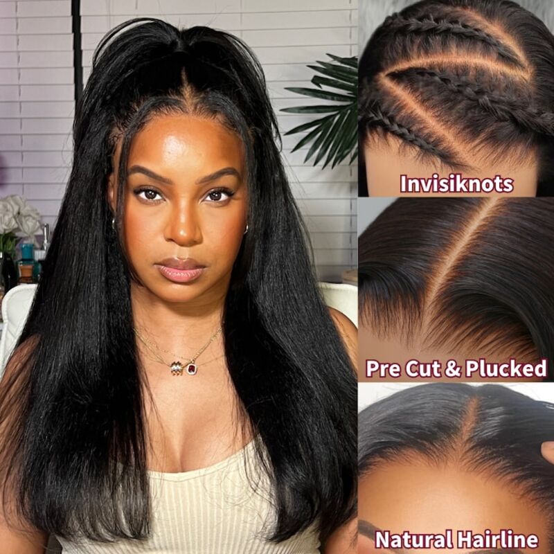 Glueless 13x6 Kinky Straight Lace Closure Wig Silky Press Yaki Straight Pre Bleached Human Hair Wig