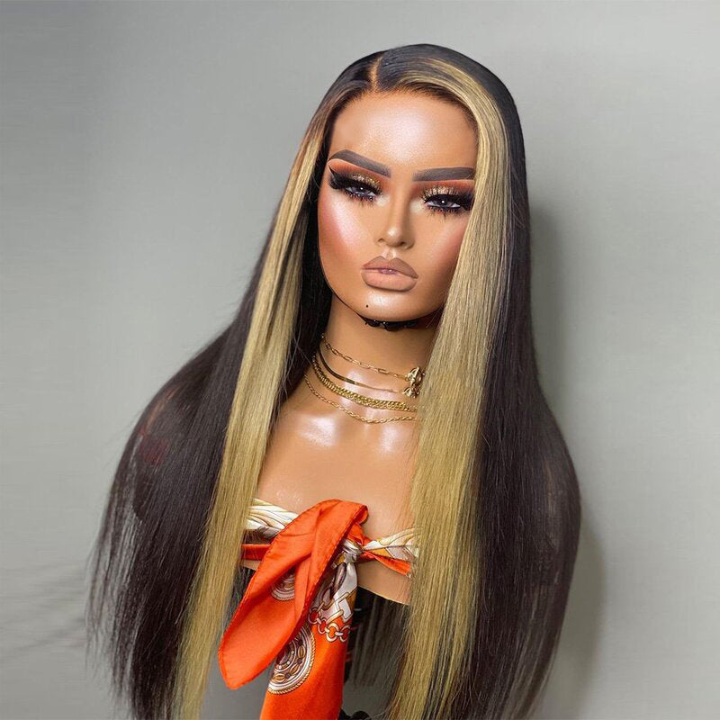 Perruque blonde miel à rayures Skunk, cheveux lisses, 13x4, dentelle transparente HD, 100 % cheveux humains vierges