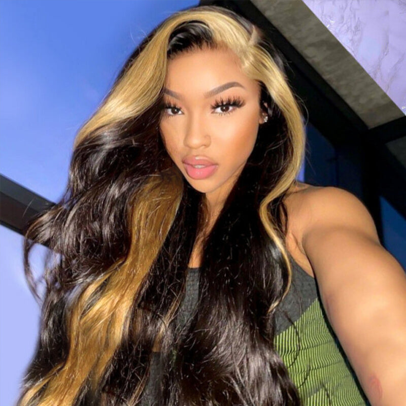 Perruque blonde miel à rayures Skunk, cheveux lisses, 13x4, dentelle transparente HD, 100 % cheveux humains vierges