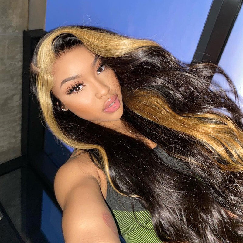 Perruque blonde miel à rayures Skunk, cheveux lisses, 13x4, dentelle transparente HD, 100 % cheveux humains vierges