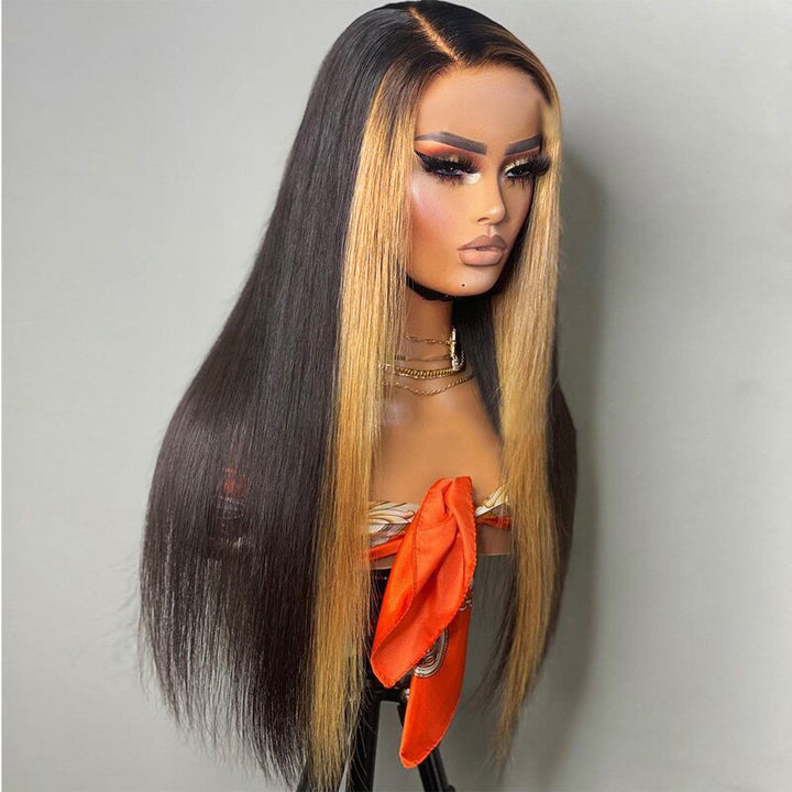 Perruque blonde miel à rayures Skunk, cheveux lisses, 13x4, dentelle transparente HD, 100 % cheveux humains vierges