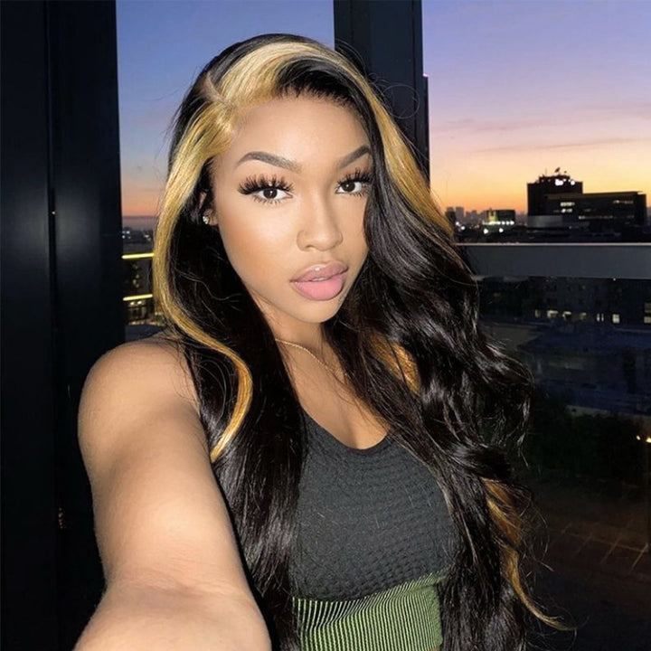 Perruque blonde miel à rayures Skunk, cheveux lisses, 13x4, dentelle transparente HD, 100 % cheveux humains vierges