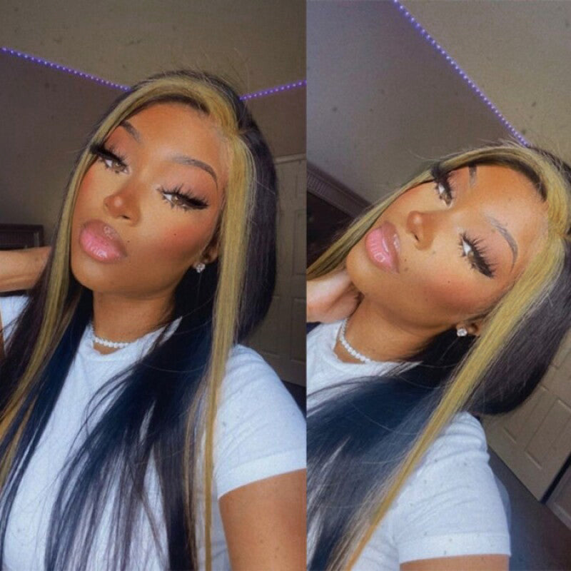 Perruque blonde miel à rayures Skunk, cheveux lisses, 13x4, dentelle transparente HD, 100 % cheveux humains vierges