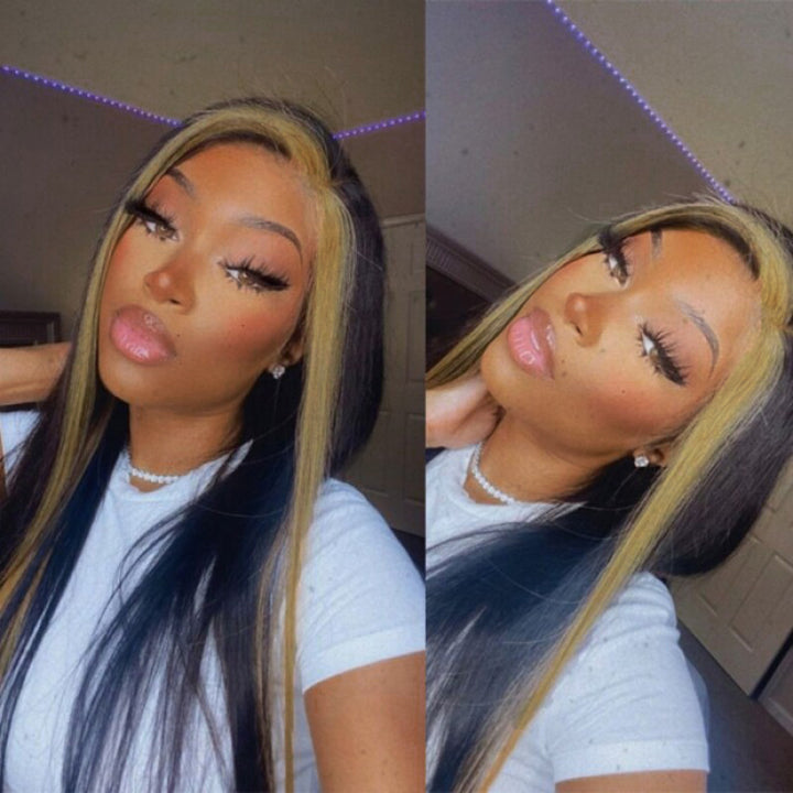 Perruque blonde miel à rayures Skunk, cheveux lisses, 13x4, dentelle transparente HD, 100 % cheveux humains vierges