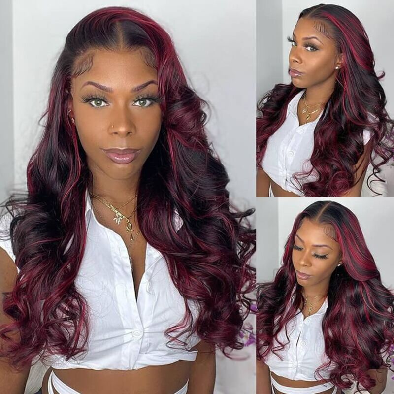 1B/99J Highlight Color Wig Body Wave Human Hair Transparent Lace Front Wig