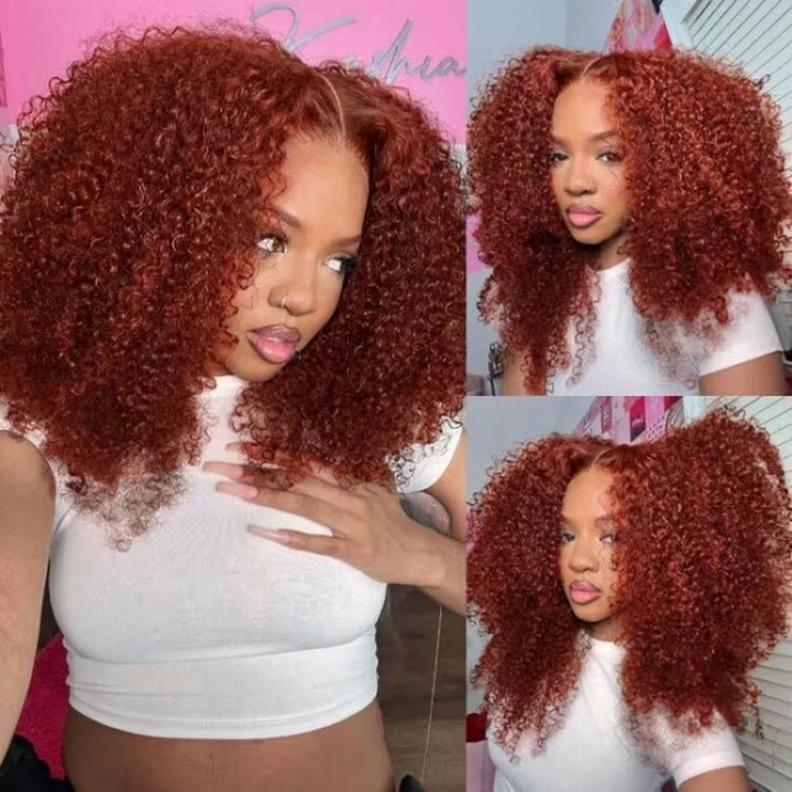 Perruque bouclée crépue brun rougeâtre #33, perruque de cheveux humains en dentelle transparente HD cuivrée auburn