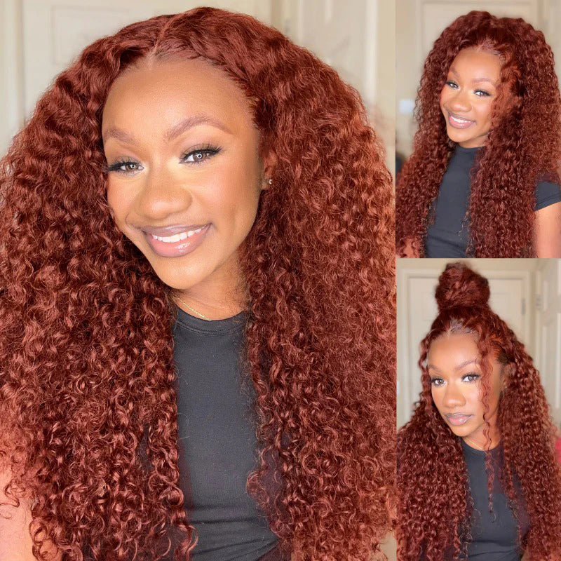 Perruque bouclée crépue brun rougeâtre #33, perruque de cheveux humains en dentelle transparente HD cuivrée auburn