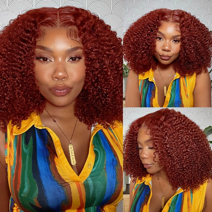 Perruque bouclée crépue brun rougeâtre #33, perruque de cheveux humains en dentelle transparente HD cuivrée auburn