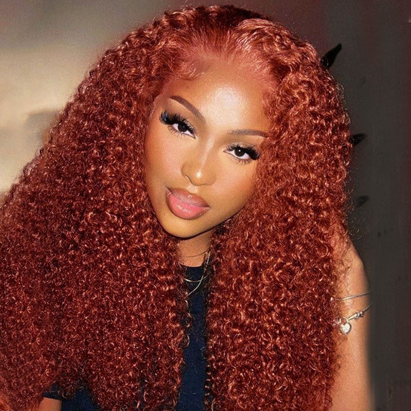 Perruque bouclée crépue brun rougeâtre #33, perruque de cheveux humains en dentelle transparente HD cuivrée auburn