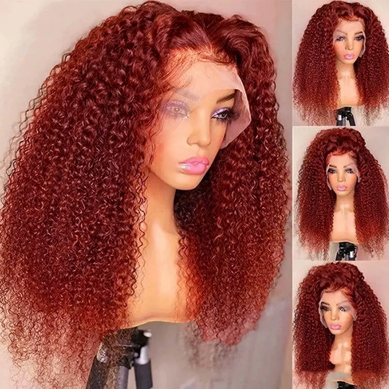 Perruque bouclée crépue brun rougeâtre #33, perruque de cheveux humains en dentelle transparente HD cuivrée auburn