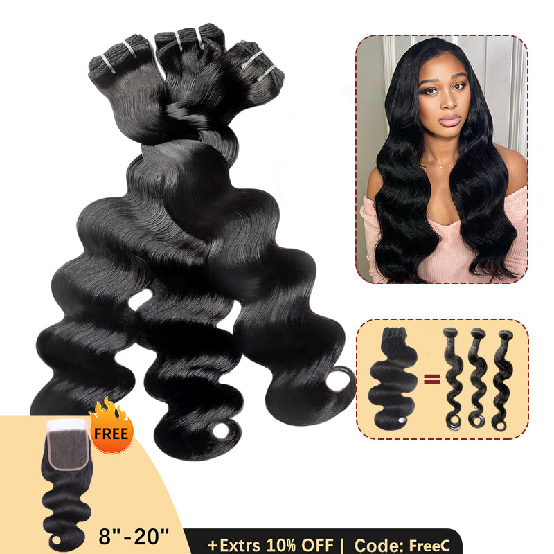 Clearance | 15A Body Wave Double Drawn Raw Hair Bundles, Free 5x5 Lace Closure