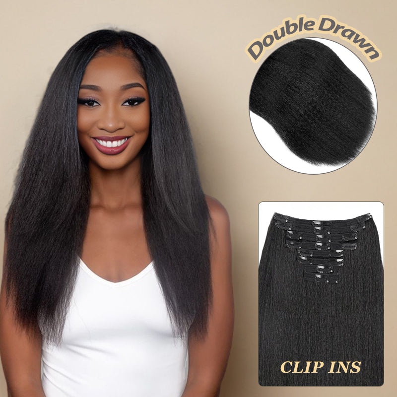 Extensions de cheveux humains à clips, cheveux crépus lisses, double tirage, 120 g, 8 pièces avec 18 clips