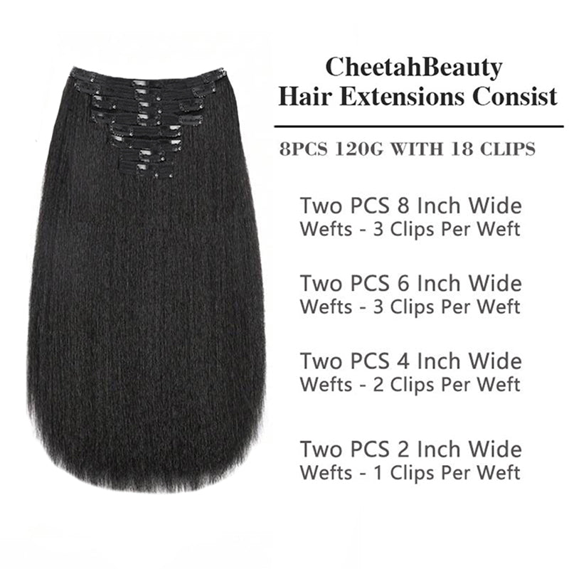 Extensions de cheveux humains à clips, cheveux crépus lisses, double tirage, 120 g, 8 pièces avec 18 clips