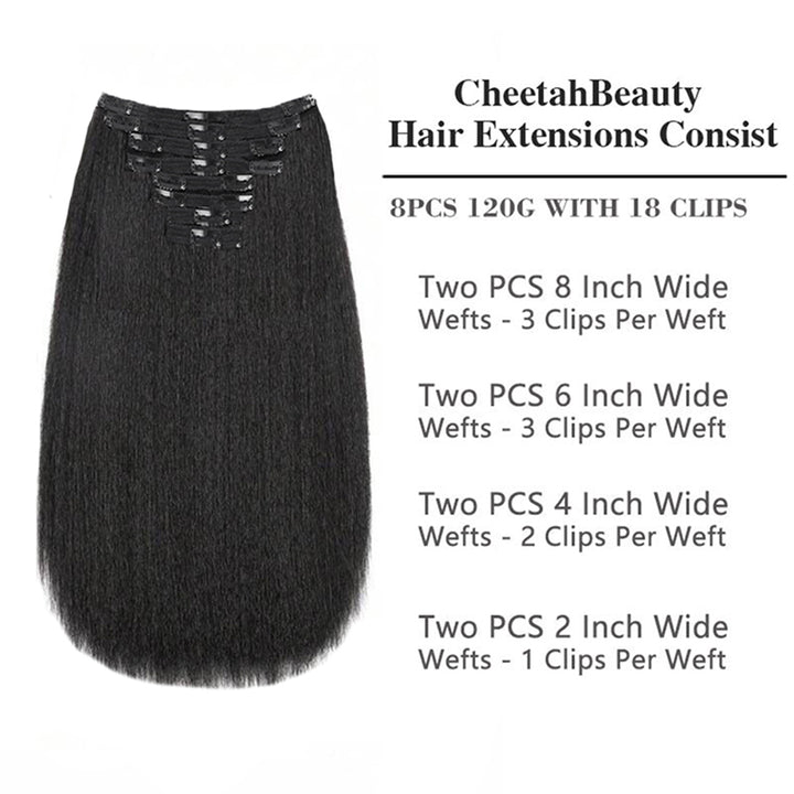 Extensions de cheveux humains à clips, cheveux crépus lisses, double tirage, 120 g, 8 pièces avec 18 clips