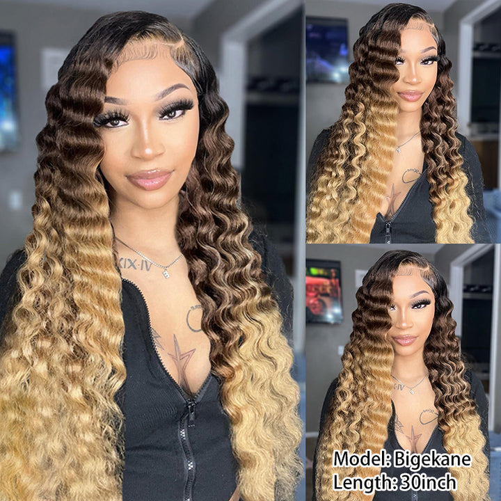 Beyonce Inspired Bigekane Recommend Ombre 16-34 Inches Deep Wave 13x6 Full Frontal Human Hair Wig