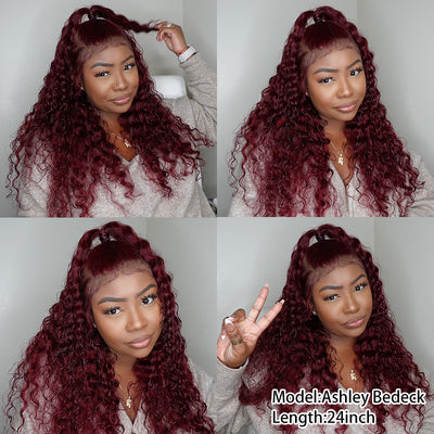 Flash Sale | Bigekane Recommend 99J Burgundy 13x6 Deep Wave Wig 16-34 Inches Transparent Lace Front Human Hair Wigs