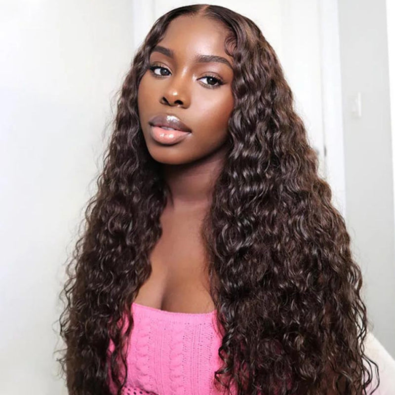#4 Chocolate Brown 13x6 Deep Wave Wig 16-34 Inches Transparent Lace Front Human Hair Wig