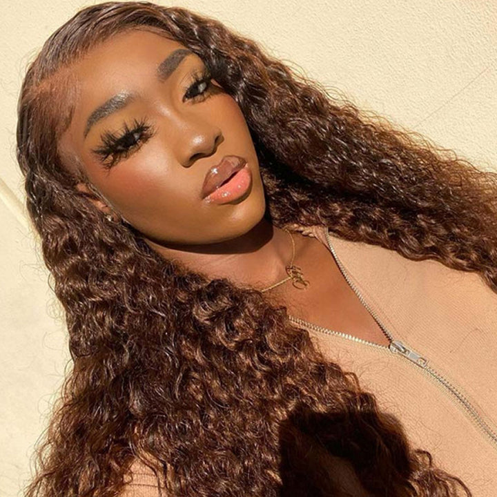 #4 Chocolate Brown 13x6 Deep Wave Wig 16-34 Inches Transparent Lace Front Human Hair Wig