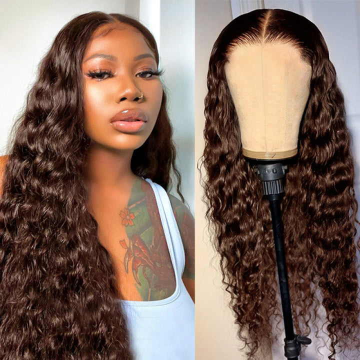 #4 Chocolate Brown 13x6 Deep Wave Wig 16-34 Inches Transparent Lace Front Human Hair Wig
