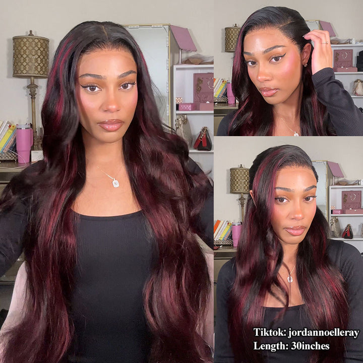 Vente flash | Perruque Body Wave P1B/99J à reflets 13x6, 40 à 86 cm, cheveux humains transparents avec dentelle frontale