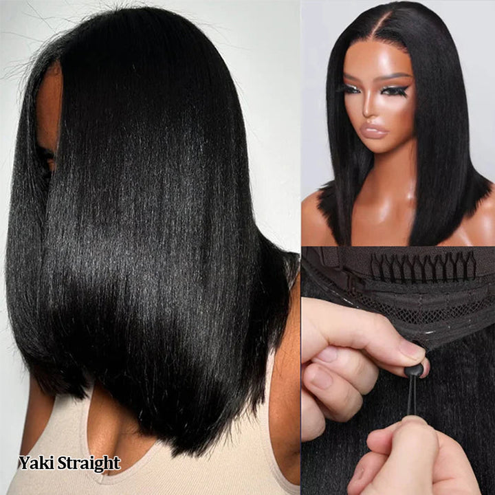 Glueless Kinky Straight Bob Wig Flexi-Fit Invisi Drawstring Cap Bob Wig 100% Human Hair Wigs