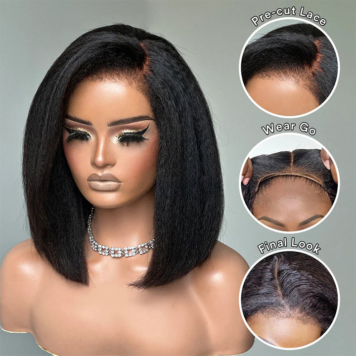 Glueless Kinky Straight Bob Wig Flexi-Fit Invisi Drawstring Cap Bob Wig 100% Human Hair Wigs