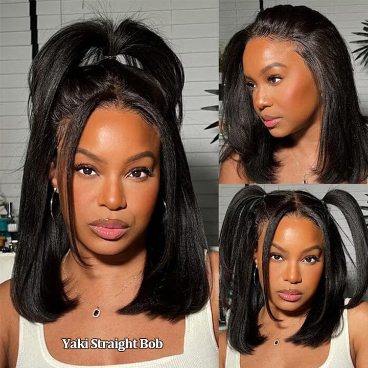 Glueless Kinky Straight Bob Wig Flexi-Fit Invisi Drawstring Cap Bob Wig 100% Human Hair Wigs