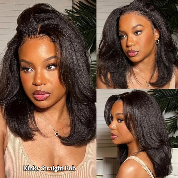 Glueless Kinky Straight Bob Wig Flexi-Fit Invisi Drawstring Cap Bob Wig 100% Human Hair Wigs