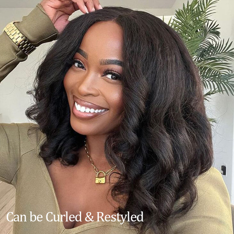 Glueless Kinky Straight Bob Wig Flexi-Fit Invisi Drawstring Cap Bob Wig 100% Human Hair Wigs