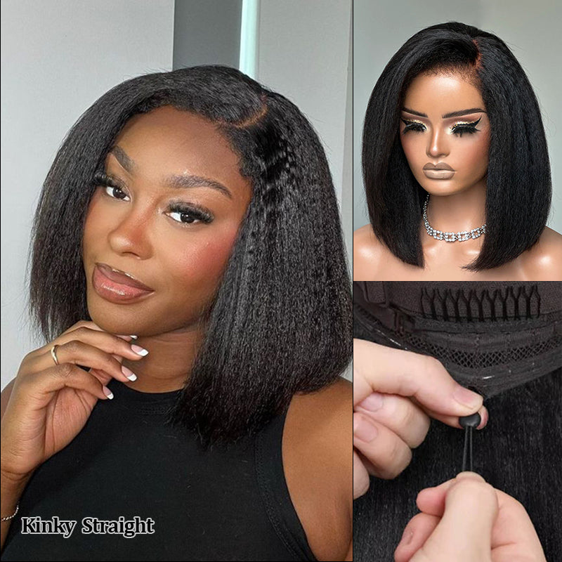 Glueless Kinky Straight Bob Wig Flexi-Fit Invisi Drawstring Cap Bob Wig 100% Human Hair Wigs